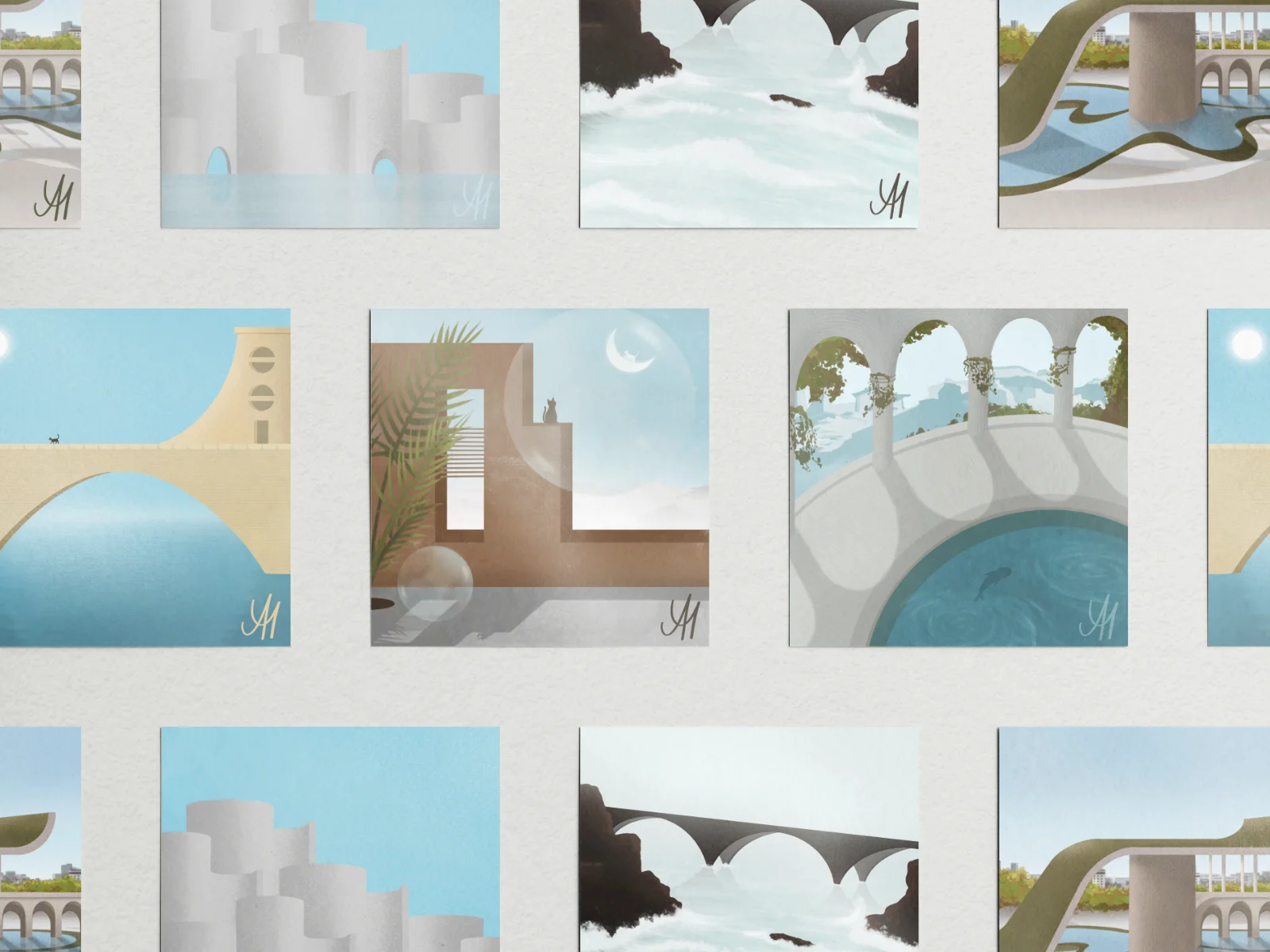 Illustrations on cards lined up