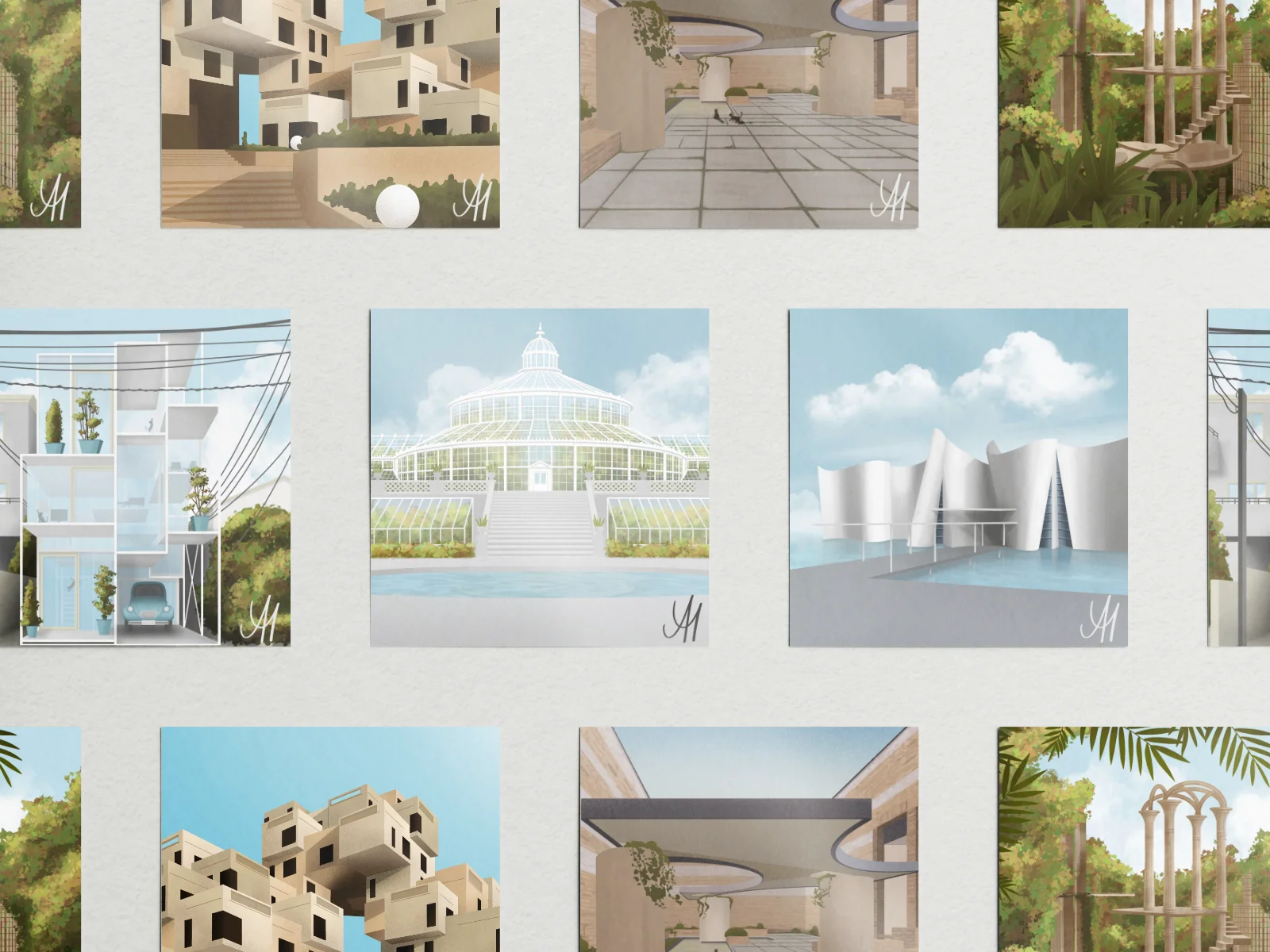 Illustrations on cards lined up