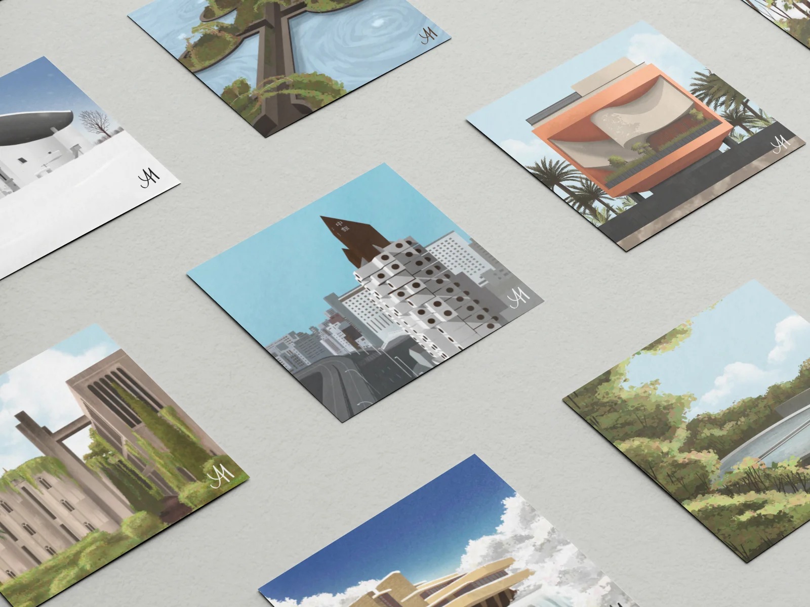 Illustrations on cards close-up